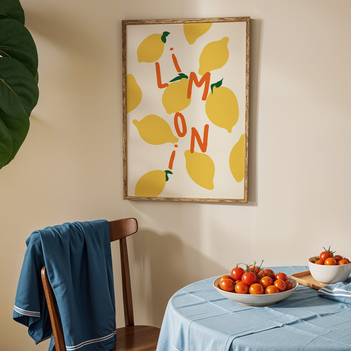 Limoni lemon pattern print in an oak frame above a blue linen table with ripe tomatoes
