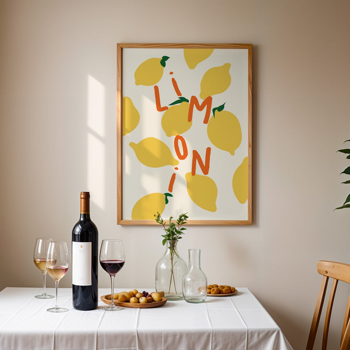 Limoni lemon pattern print in an oak frame above a table laid with red wine and glasses