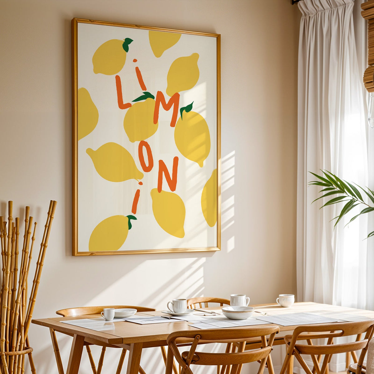 Limoni lemon pattern print in a gold frame above a sunlit breakfast table