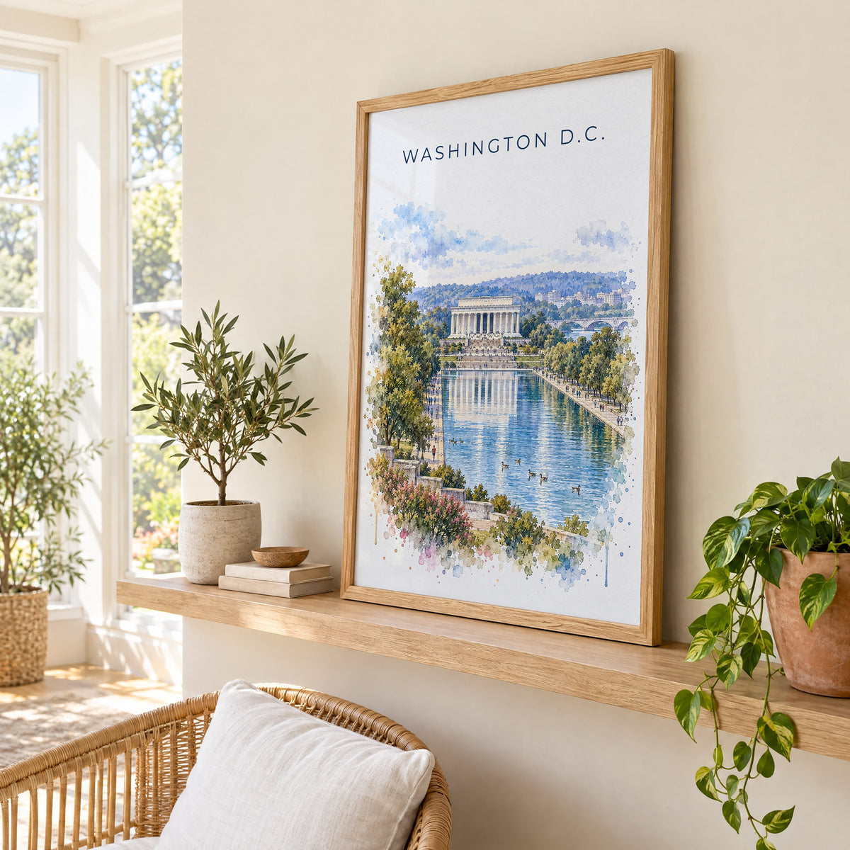 Lincoln Memorial watercolor print in an oak frame on a picture ledge in a sunlit sunroom