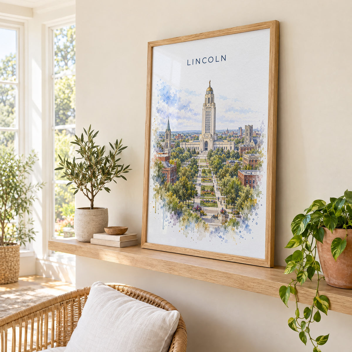 Lincoln, Nebraska watercolor print in an oak frame on a picture ledge in a sunlit sunroom