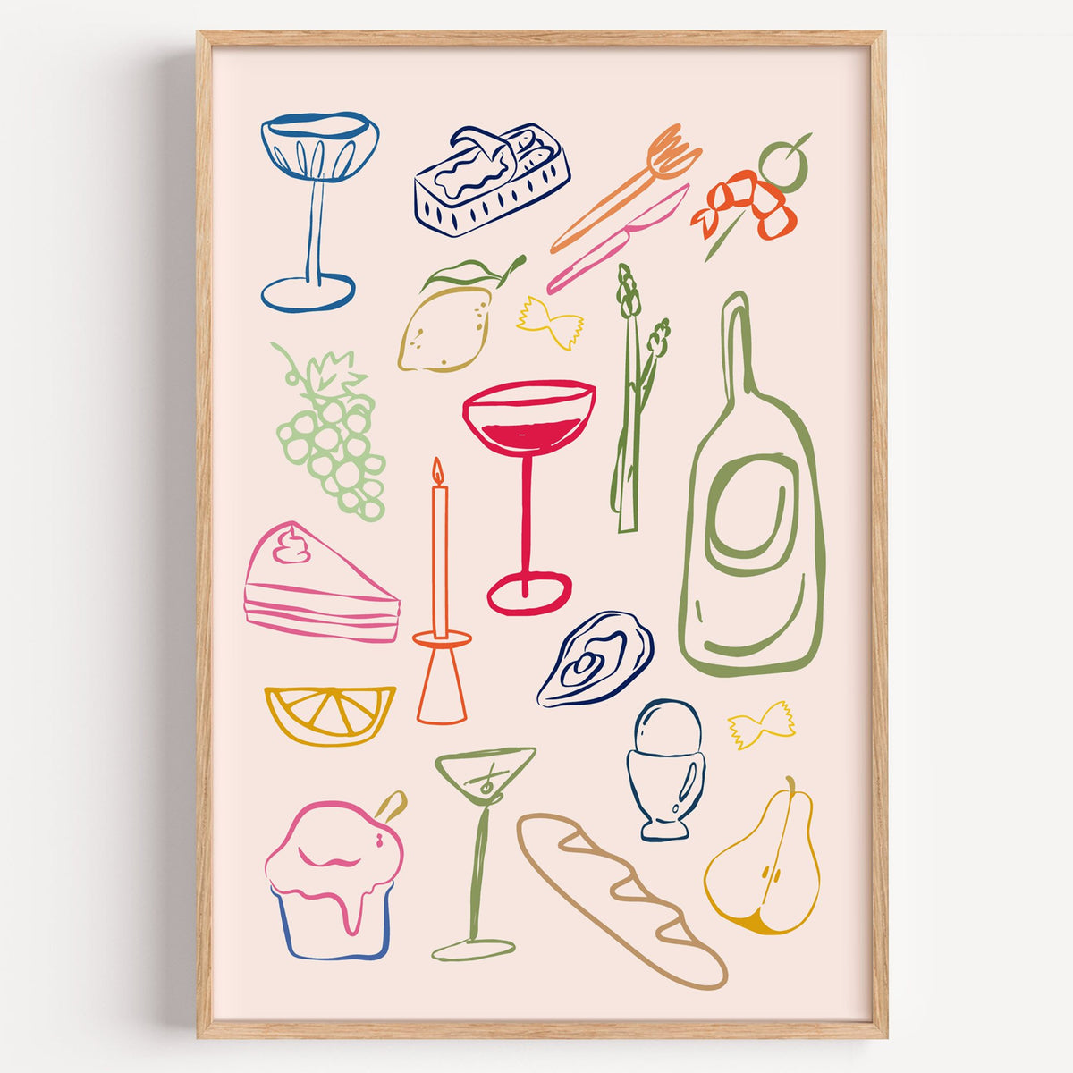 Line art candle coupe dinner party print in a light oak frame on a plain white wall