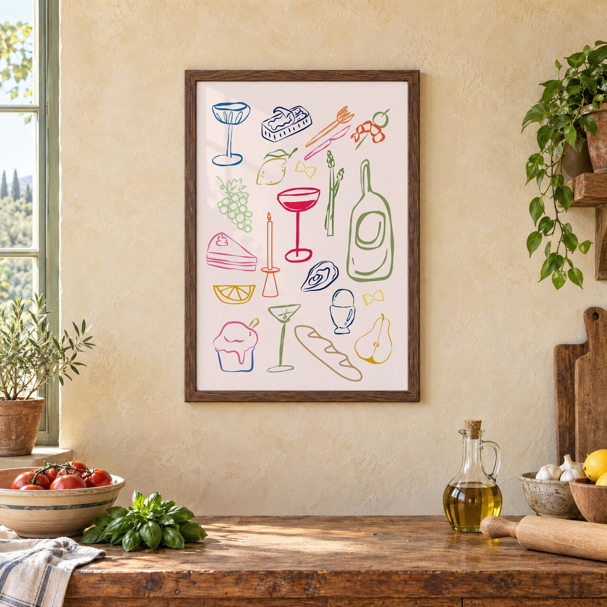 Line art candle coupe dinner party print in a walnut frame above a rustic Italian kitchen table with tomatoes