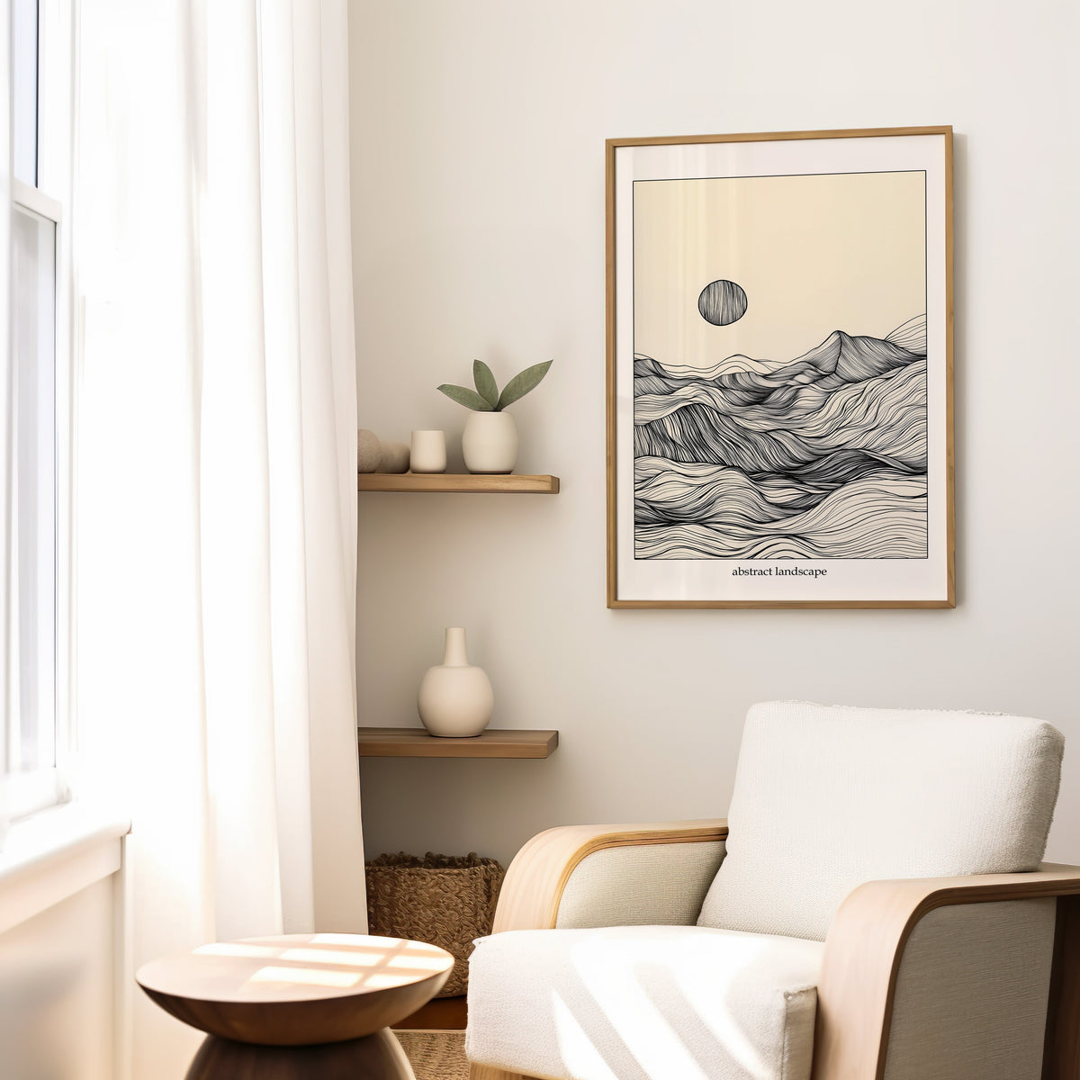 Line art mountain and sun abstract landscape print in a slim oak frame above a cream boucle armchair by floating shelves