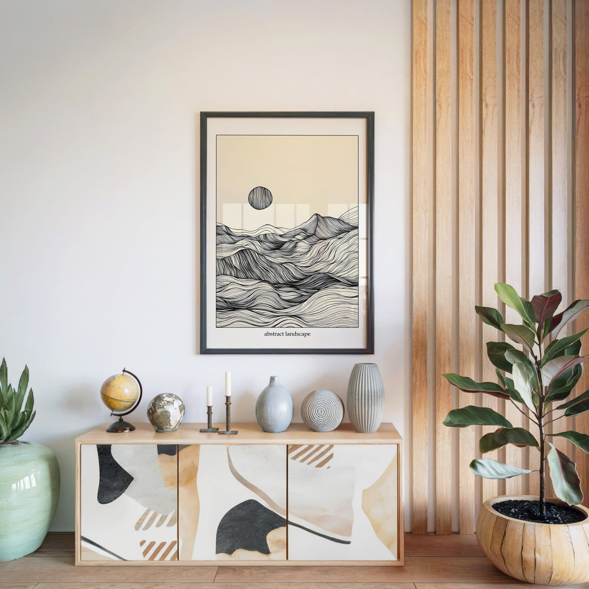 Line art mountain and sun abstract landscape print in a black frame above a light wood sideboard by a wood slat wall