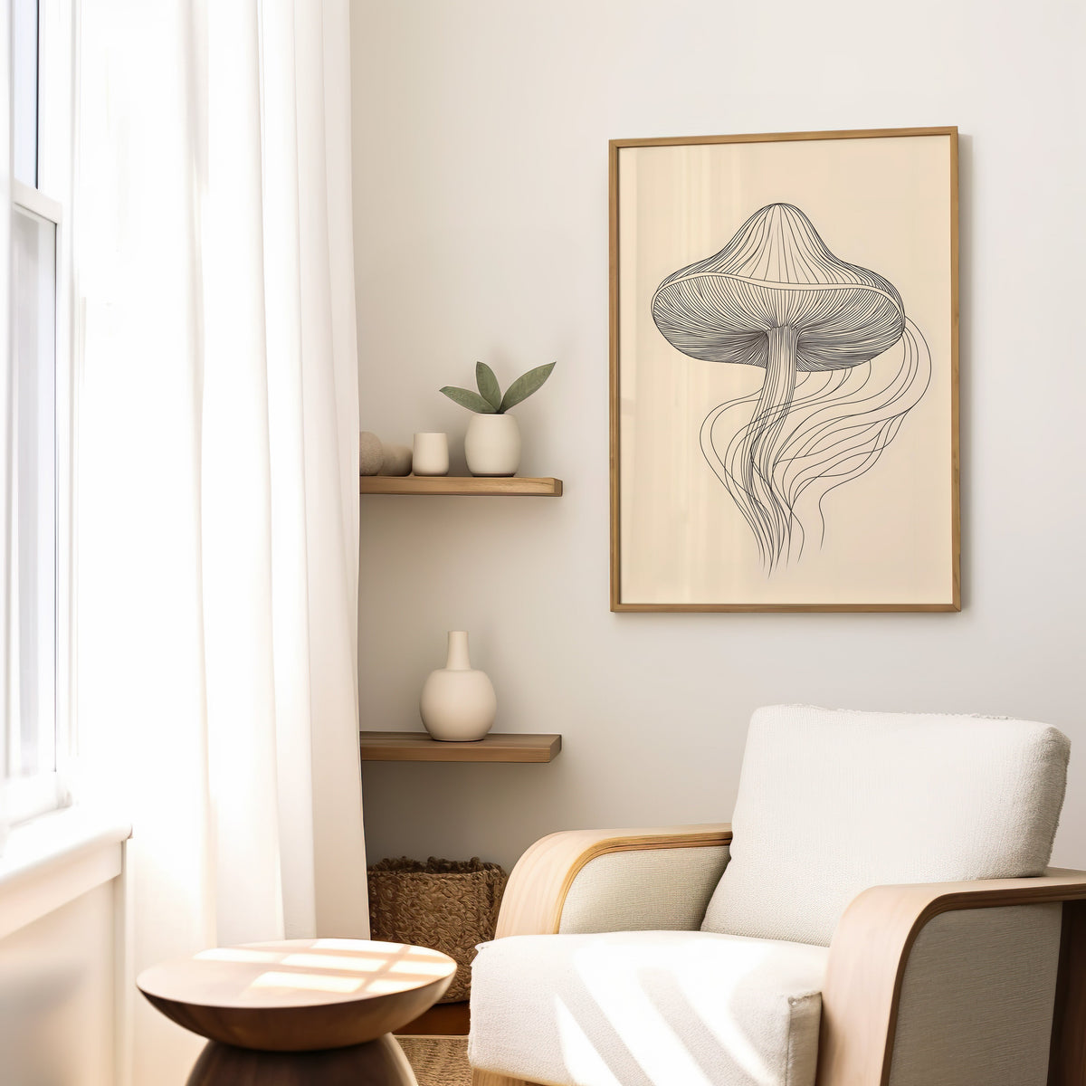 Line art mushroom with flowing lines print in a slim oak frame above a cream boucle armchair by floating shelves