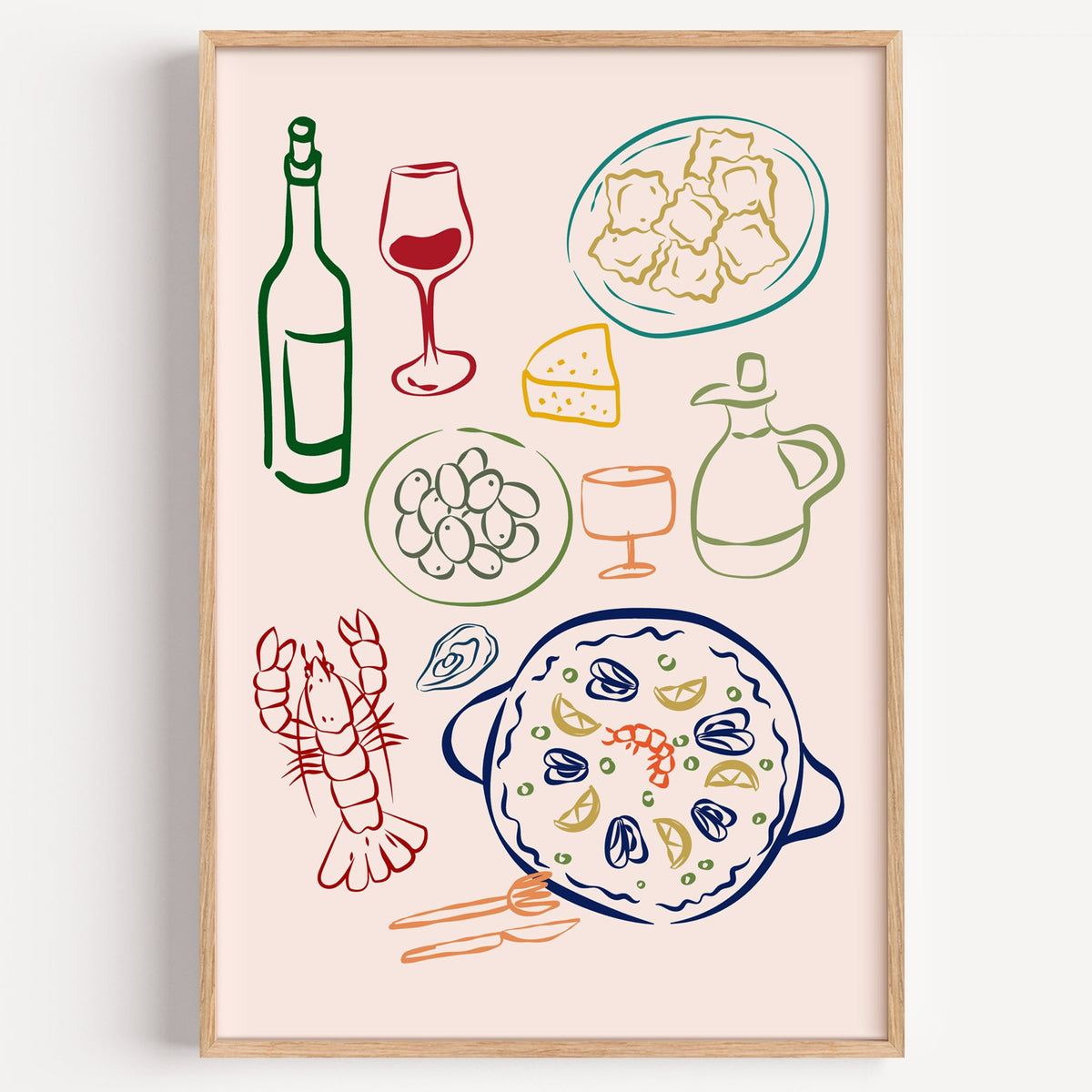 Line art paella wine olives print in a light oak frame on a plain white wall