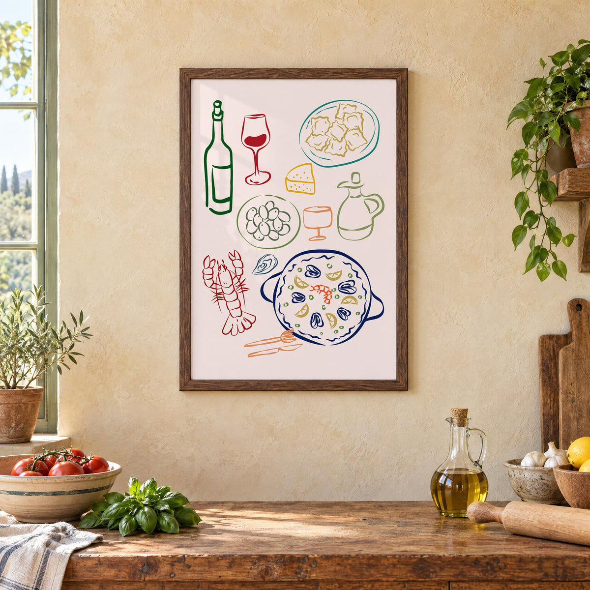 Line art paella wine olives print in a walnut frame above a rustic Italian kitchen table with tomatoes