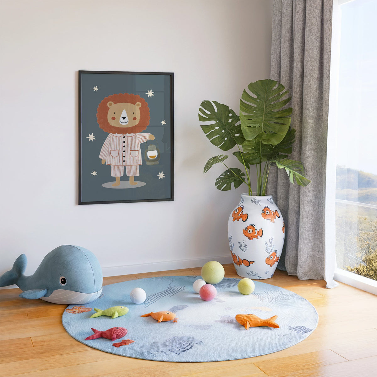 Lion in pajamas with lantern nursery print in a black frame in a playroom with an ocean rug and whale plush