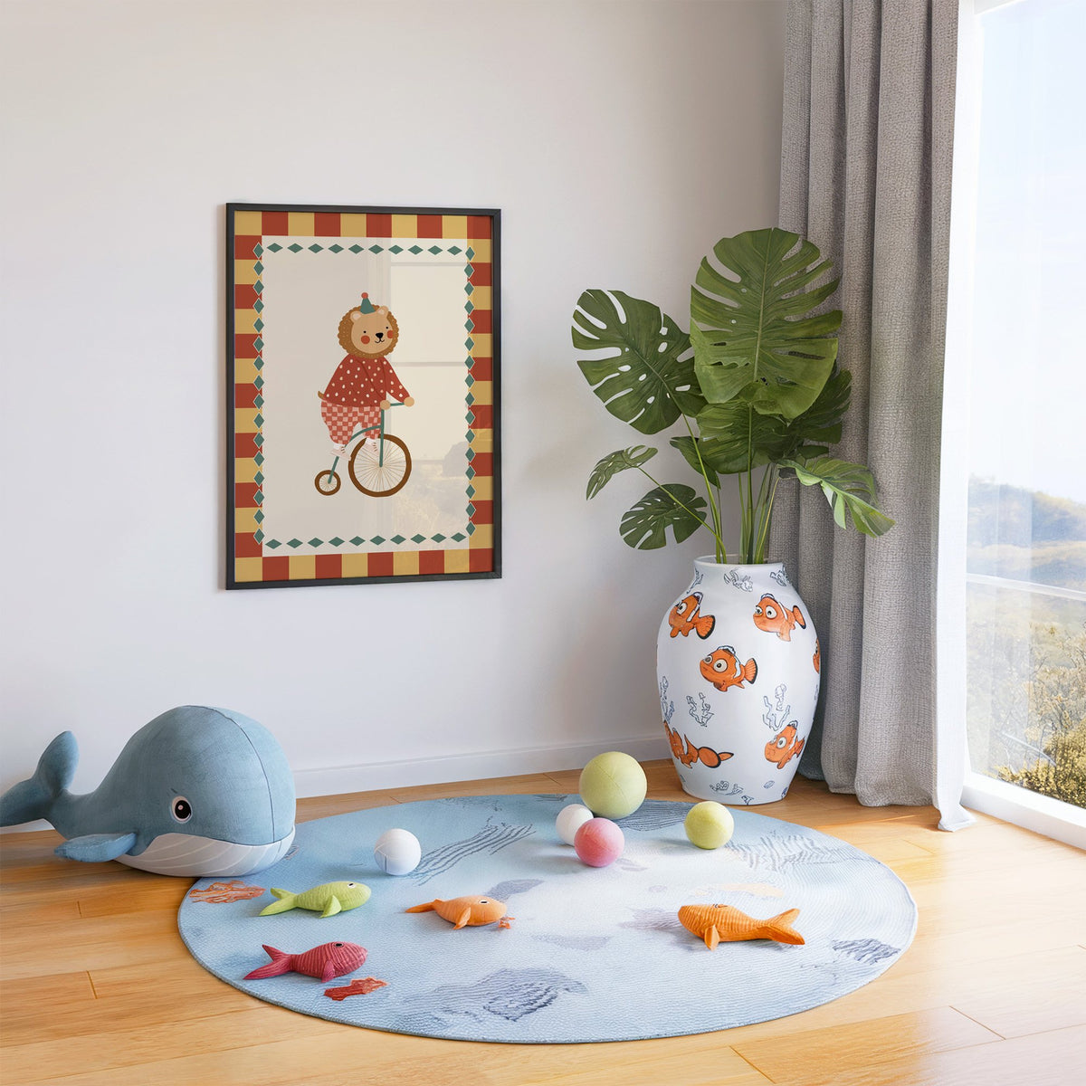 Lion penny-farthing circus nursery print in a black frame in a playroom with an ocean rug and whale plush