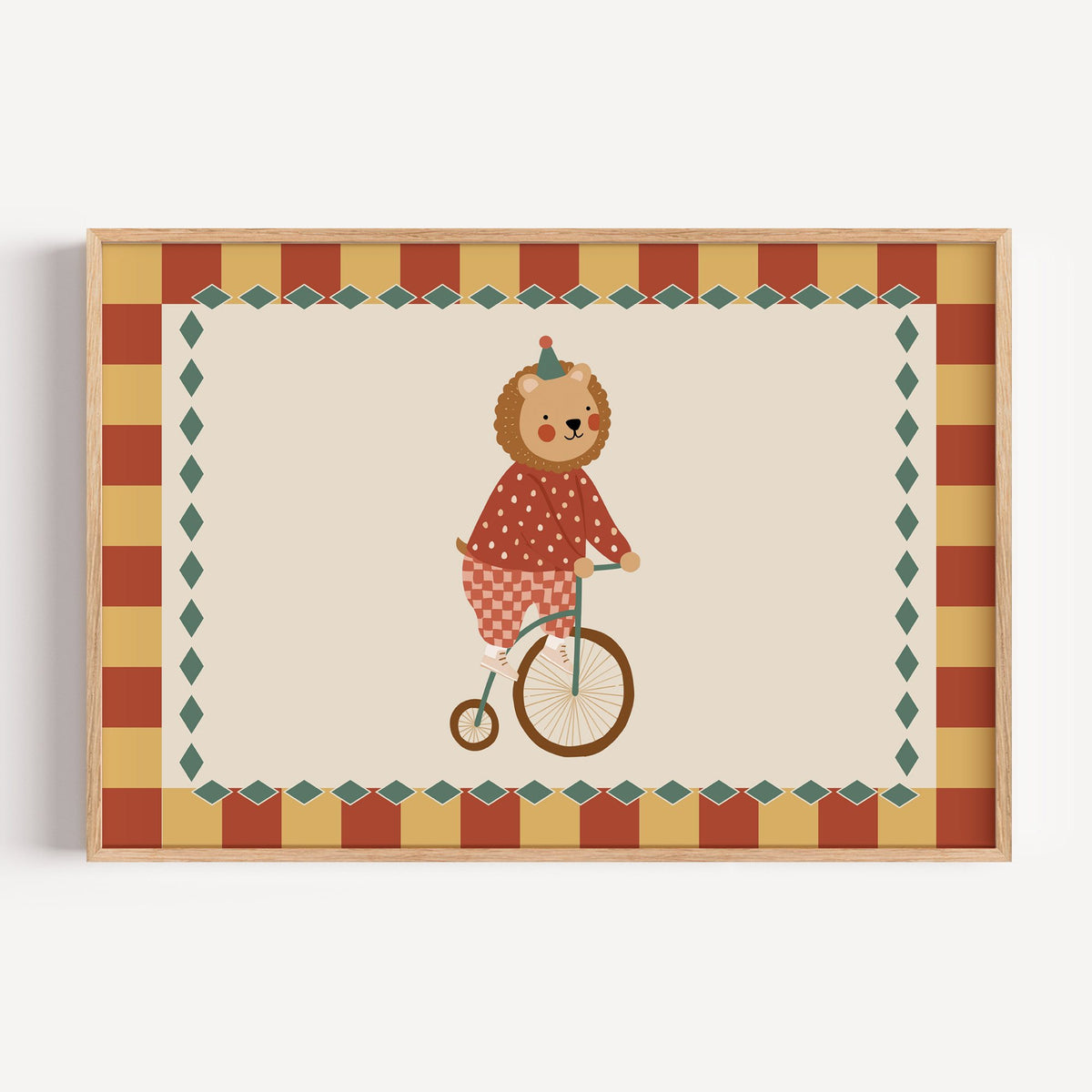 Landscape lion penny-farthing circus nursery print in a light oak frame on a plain white wall