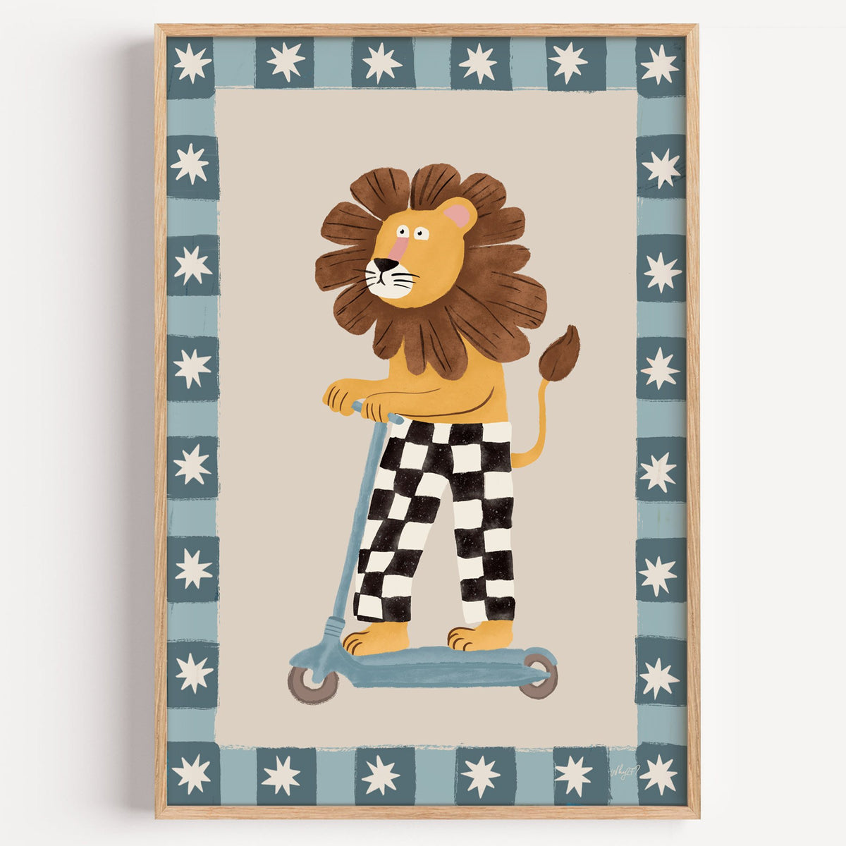 Lion on scooter in checkered pants nursery print in a light oak frame on a plain white wall