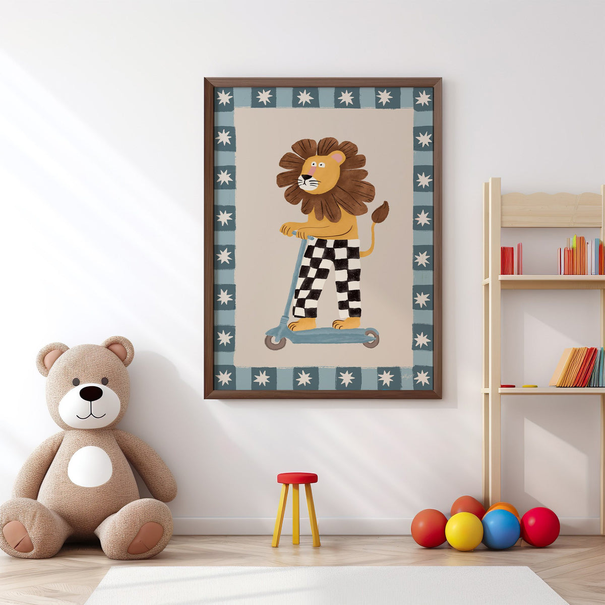 Lion on scooter in checkered pants nursery print in a walnut frame above a big teddy bear by a bookshelf