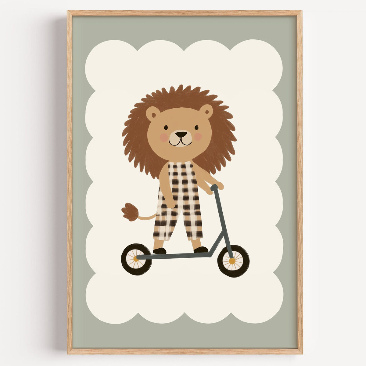 Lion on scooter gingham nursery print in a light oak frame on a plain white wall