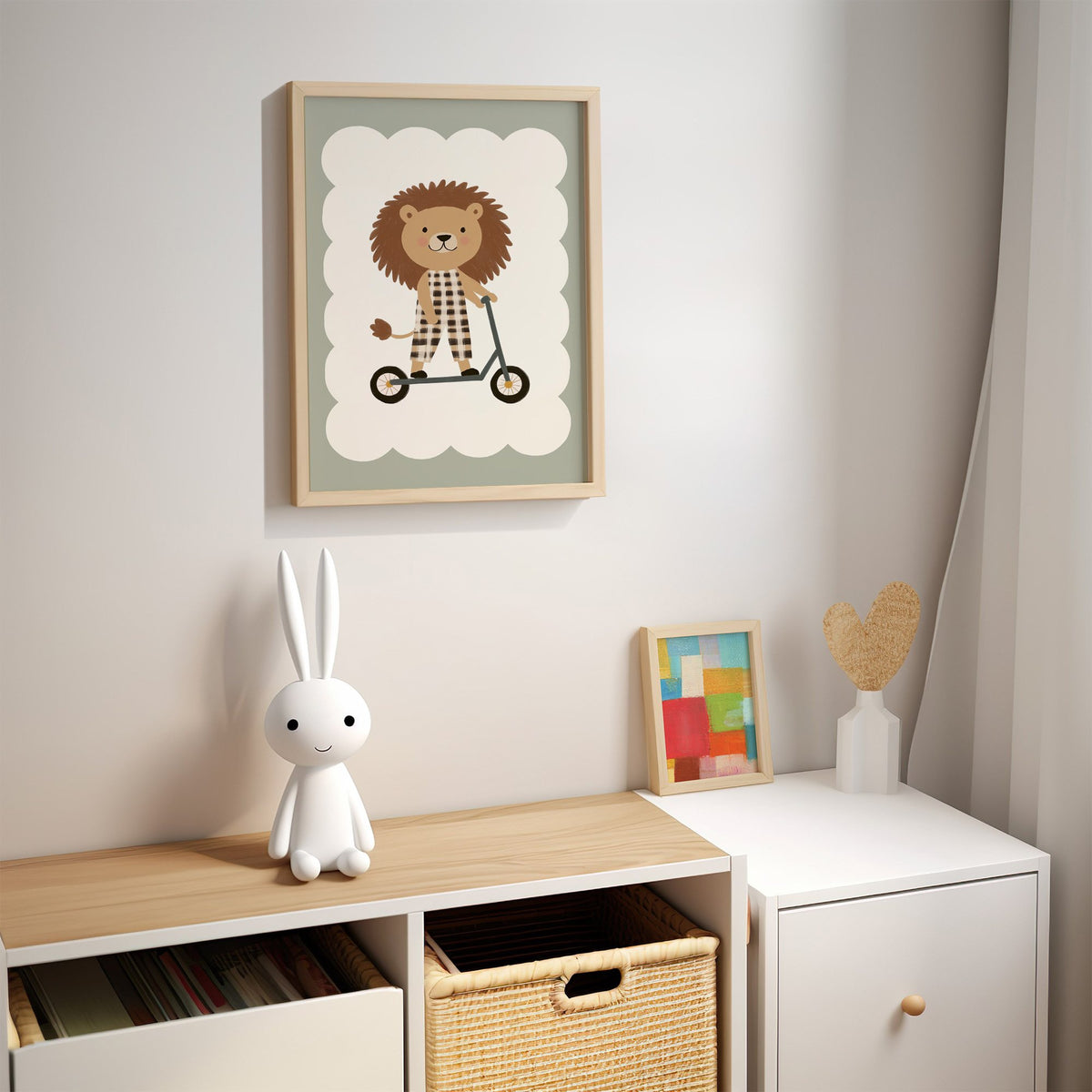 Lion on scooter gingham nursery print in an oak frame above a kids cubby shelf with a woven basket and bunny lamp