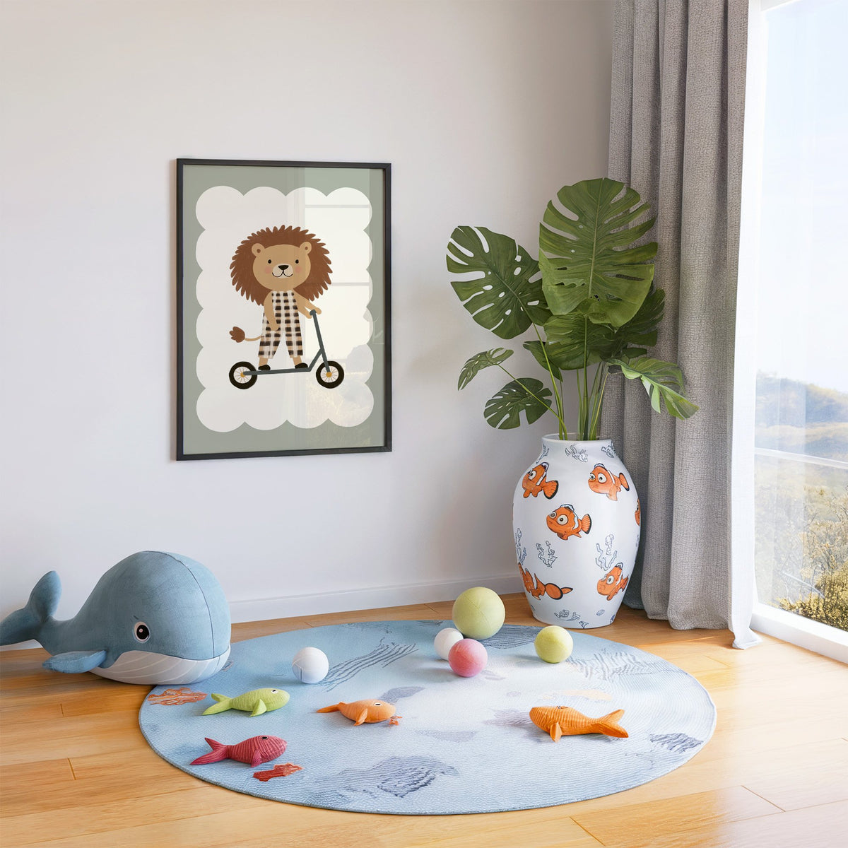 Lion on scooter gingham nursery print in a black frame in a playroom with an ocean rug and whale plush