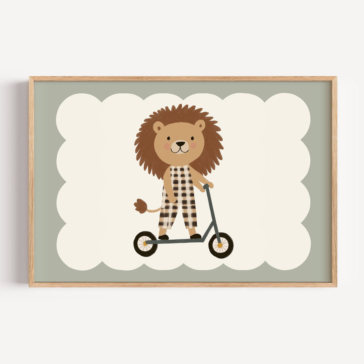 Landscape lion on scooter gingham nursery print in a light oak frame on a plain white wall