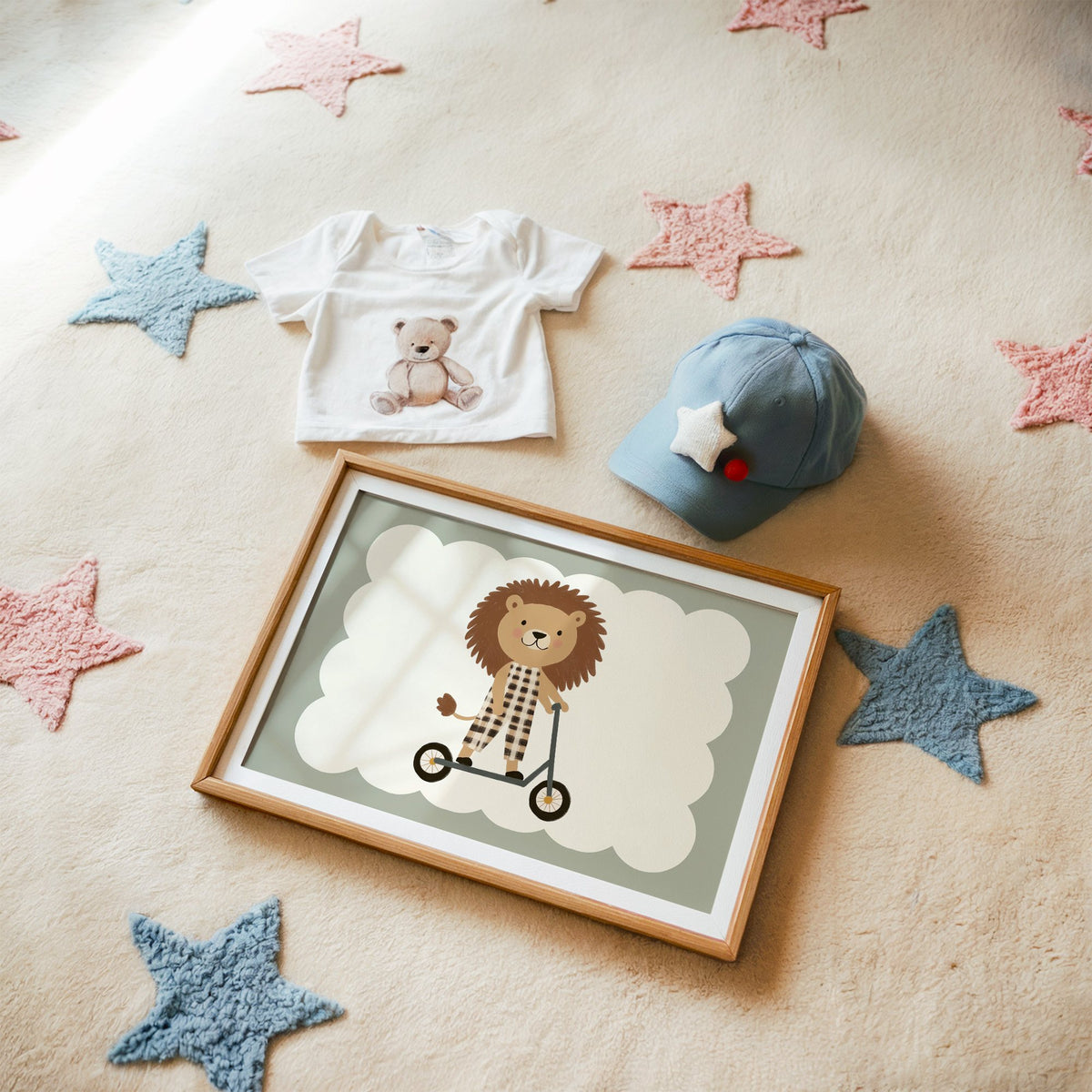 Landscape lion on scooter gingham nursery print in a matted oak frame on a star rug with a baby tee