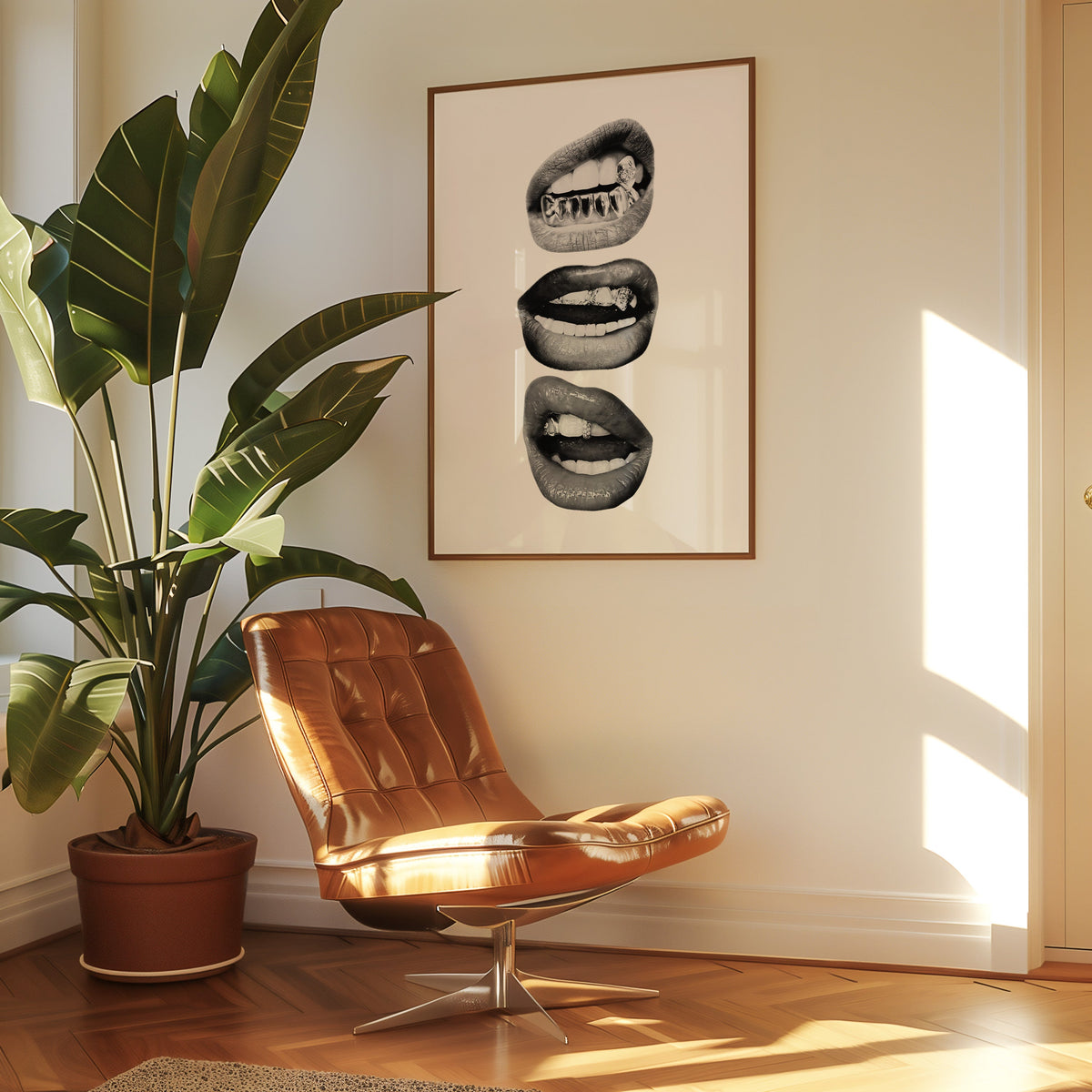 Three lips with jeweled metal grills print in a walnut frame above a leather lounge chair
