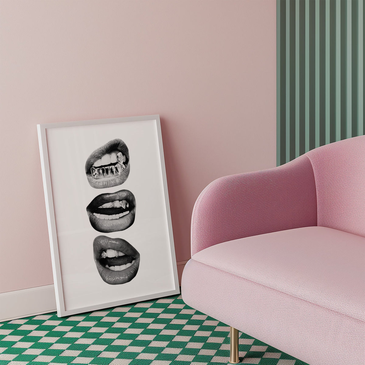 Three lips with jeweled metal grills print in a white frame beside a pink armchair on a checkered floor