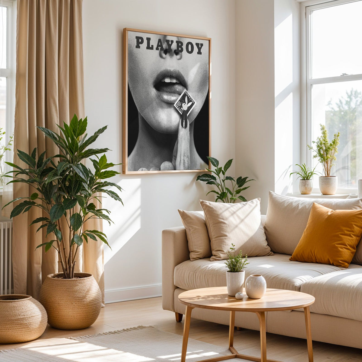 Glossy lips with postage stamp on black print in an oak frame above a cream sofa beside woven planters