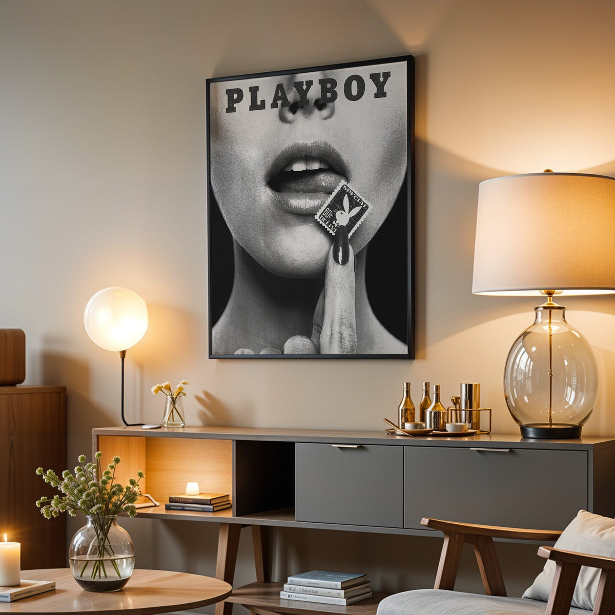 Glossy lips with postage stamp on black print in a black frame above a grey media console with a glass table lamp