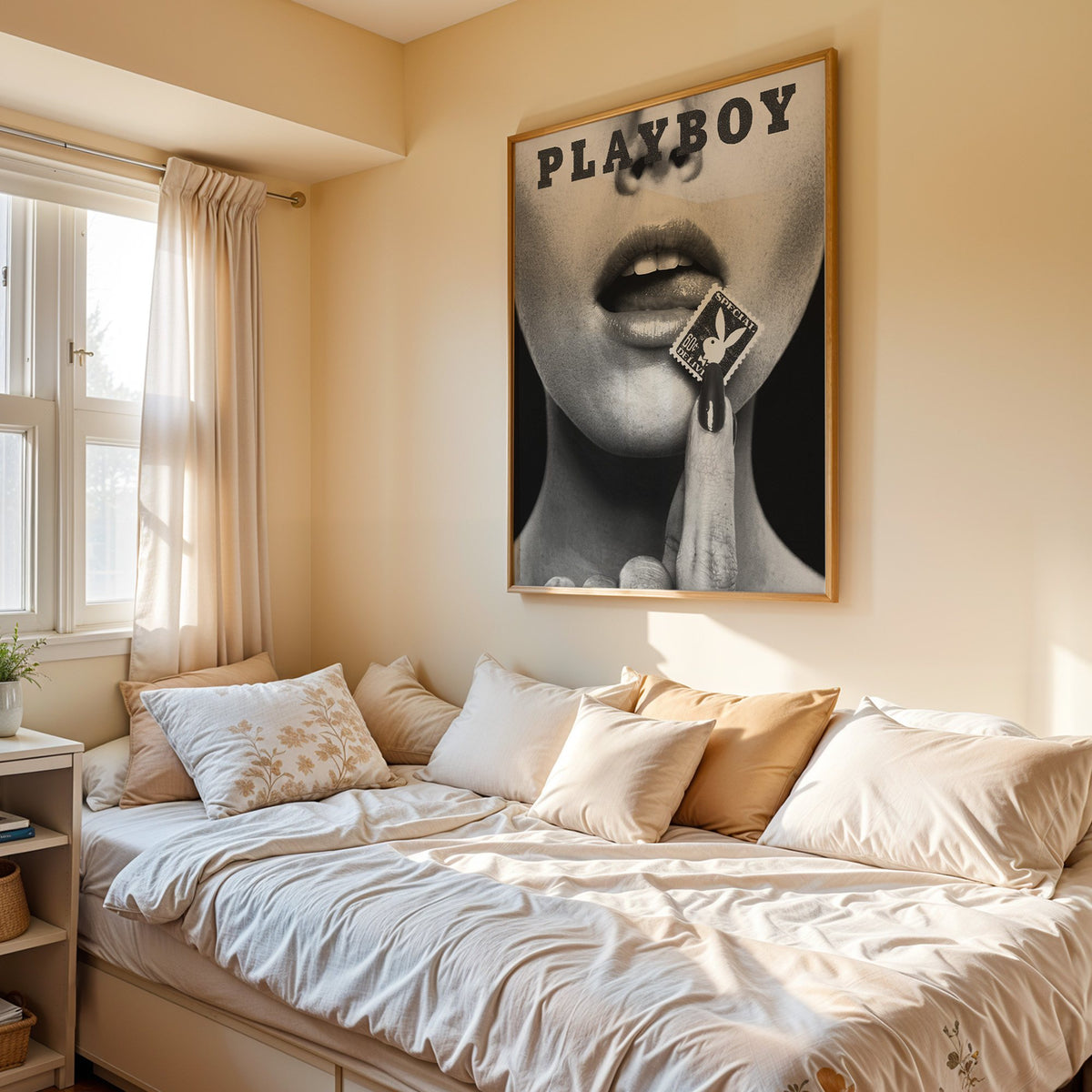 Glossy lips with postage stamp on black print in an oak frame above a cream daybed in a sunny bedroom