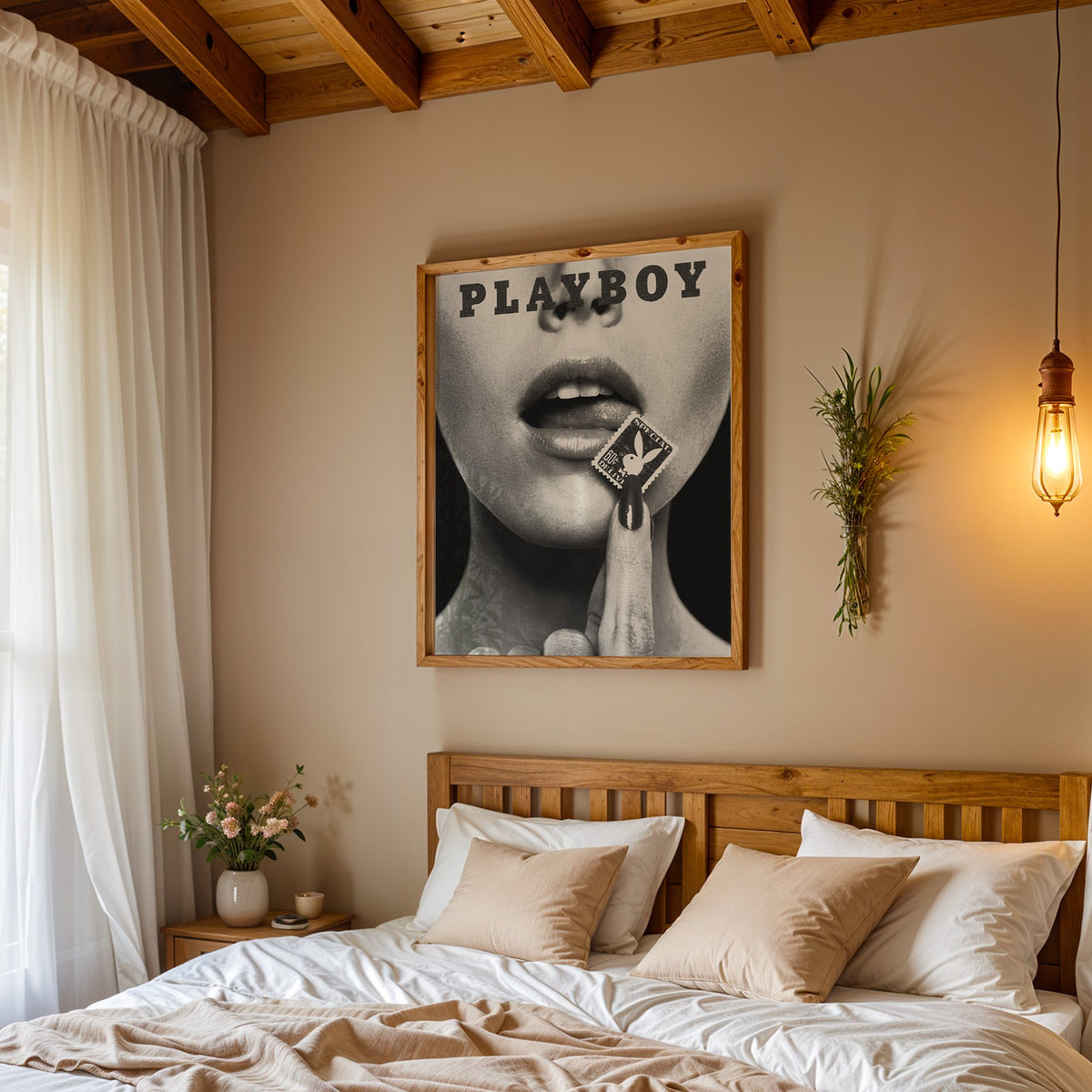 Glossy lips with postage stamp on black print in a pine frame above a wood headboard bed under a pendant bulb