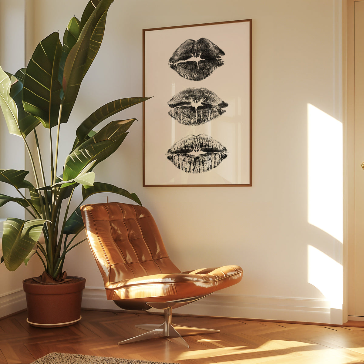 Three lipstick kiss marks stacked print in a walnut frame above a leather lounge chair