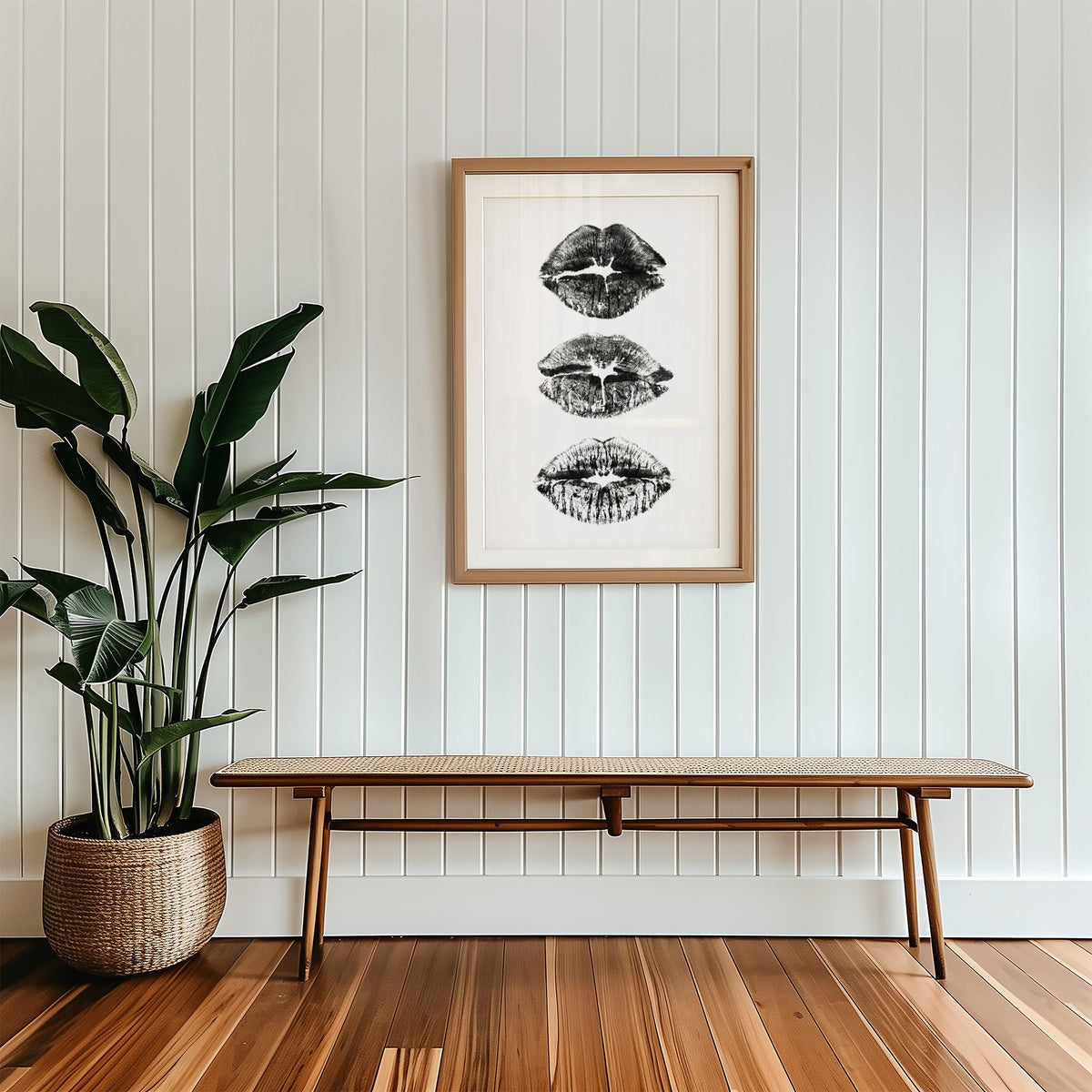 Three lipstick kiss marks stacked print in a wood frame with a white mat above a cane bench
