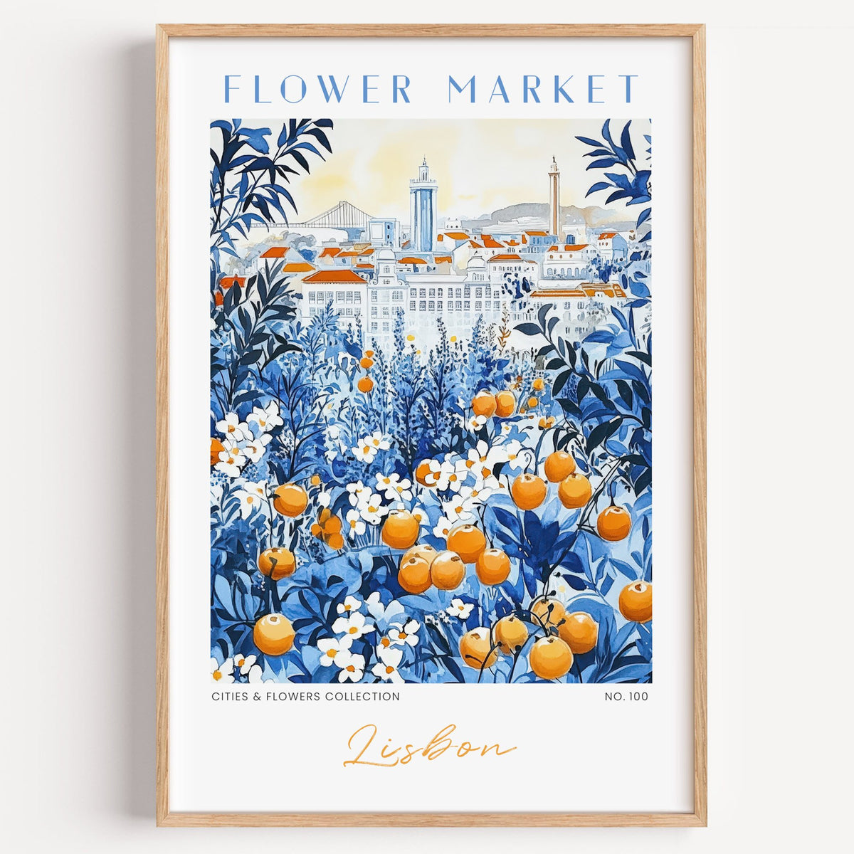 Lisbon flower market print in a light oak frame on a plain white wall