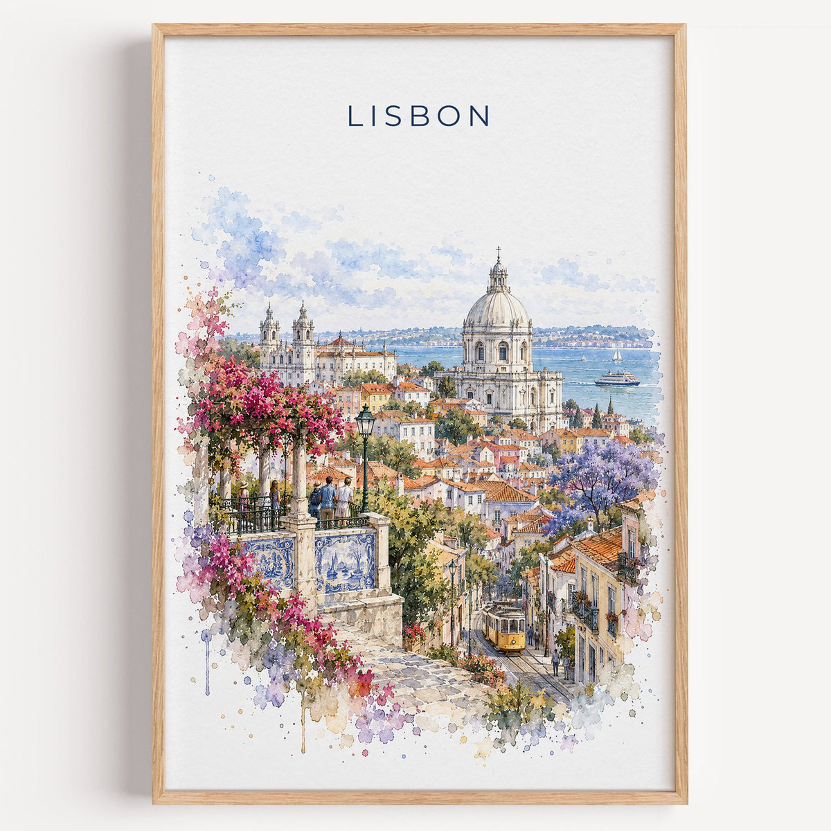 Lisbon watercolor print in a light oak frame on a plain white wall