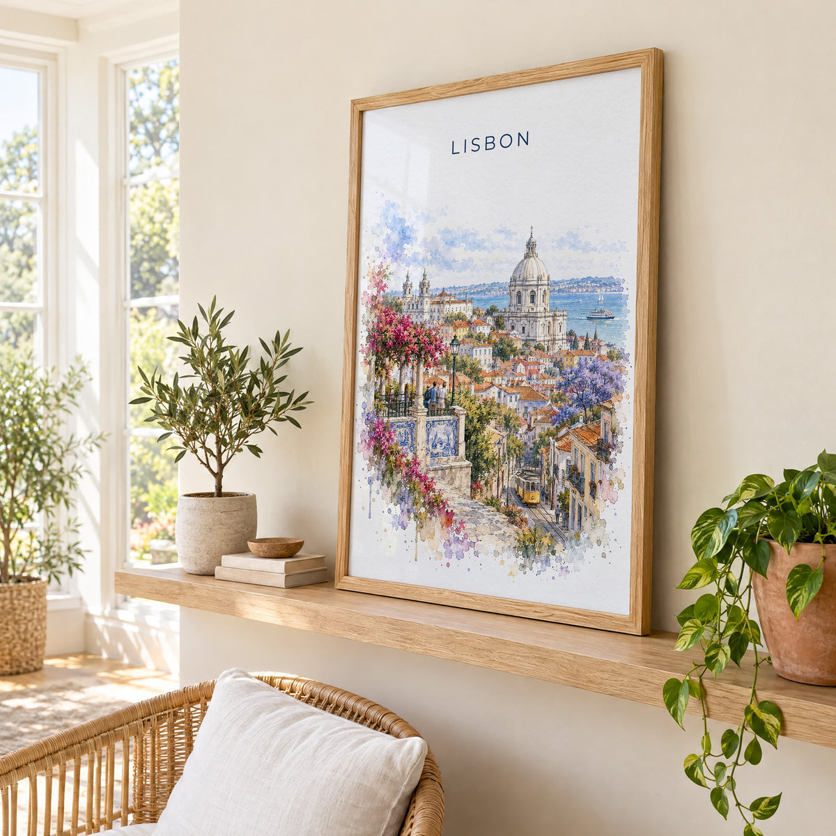 Lisbon watercolor print in an oak frame on a picture ledge in a sunlit sunroom