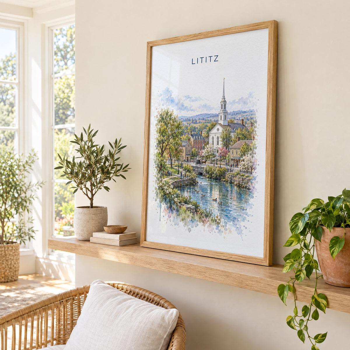 Lititz, Pennsylvania watercolor print in an oak frame on a picture ledge in a sunlit sunroom