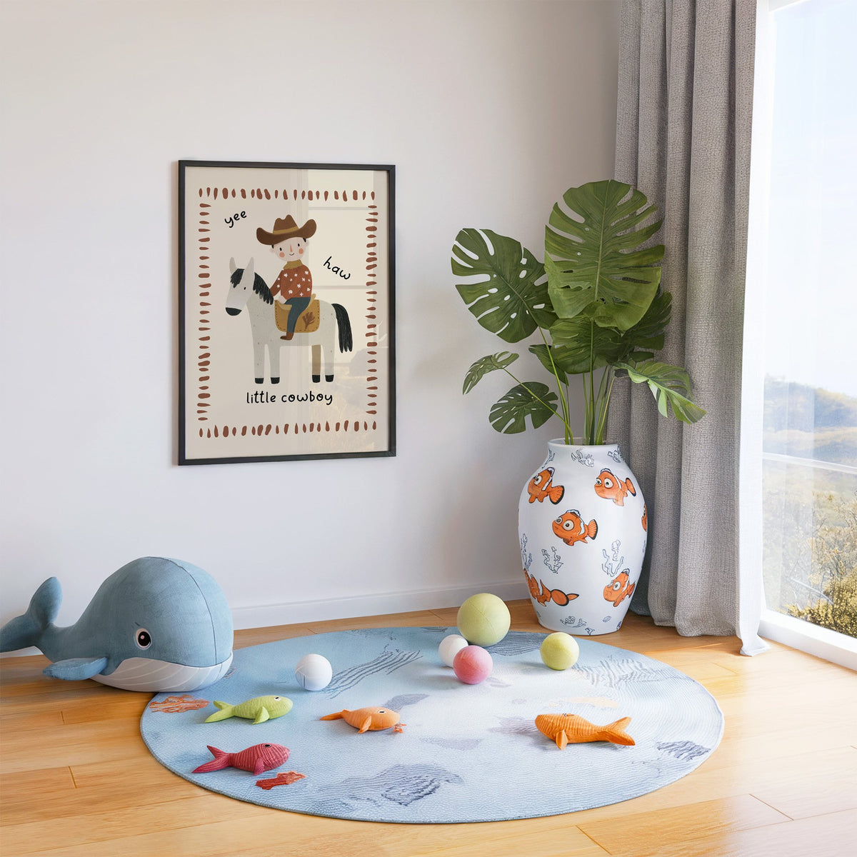 Little cowboy on horse yee haw nursery print in a black frame in a playroom with an ocean rug and whale plush