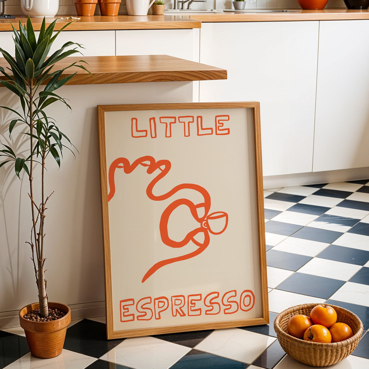 Little espresso one line print in an oak frame by a kitchen island and checkered floor