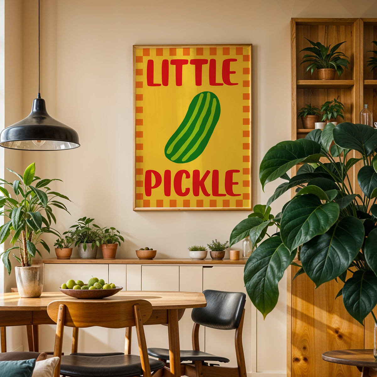 Little pickle print in an oak frame above a sideboard in a plant-filled dining room