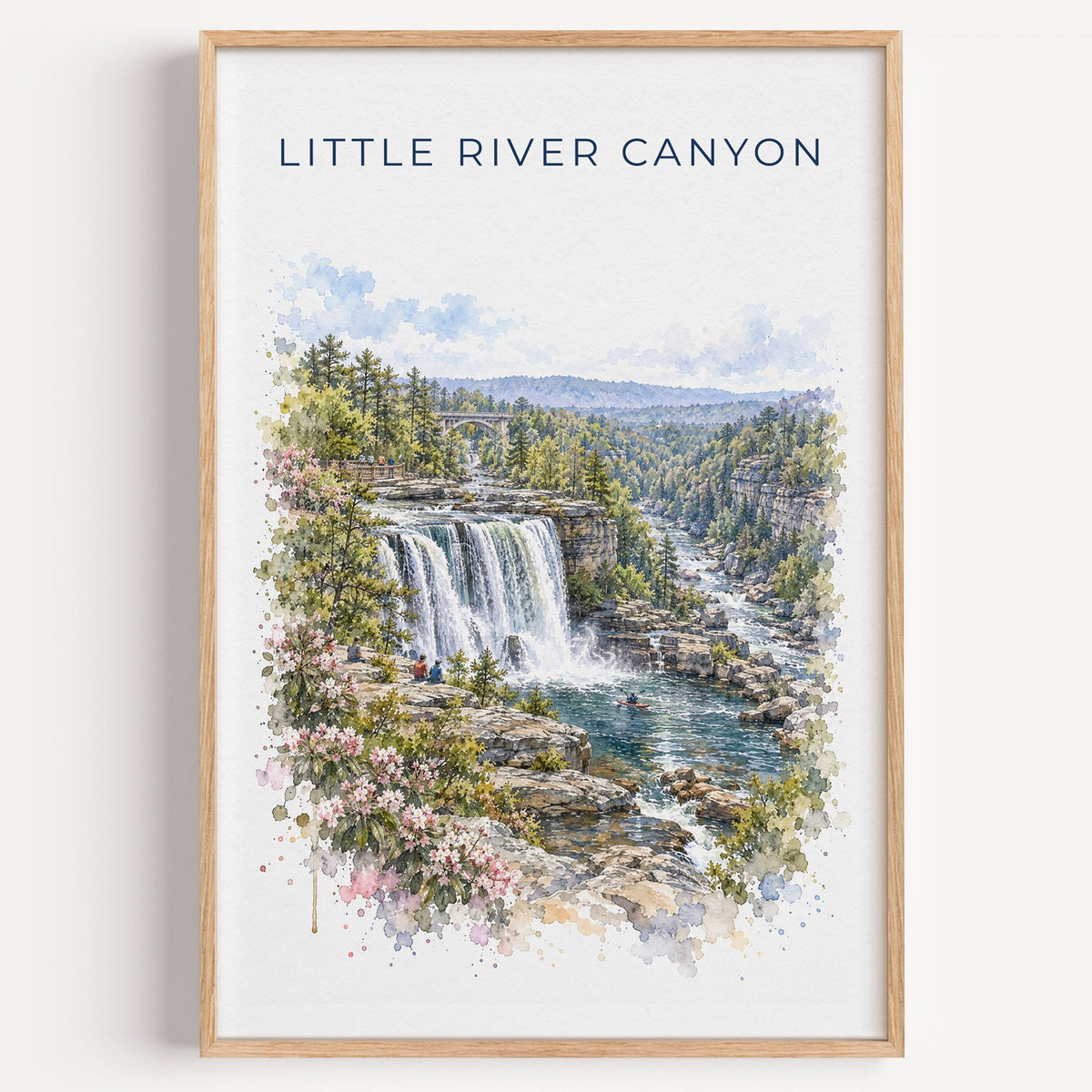 Little River Canyon National Preserve watercolor print in a light oak frame on a plain white wall