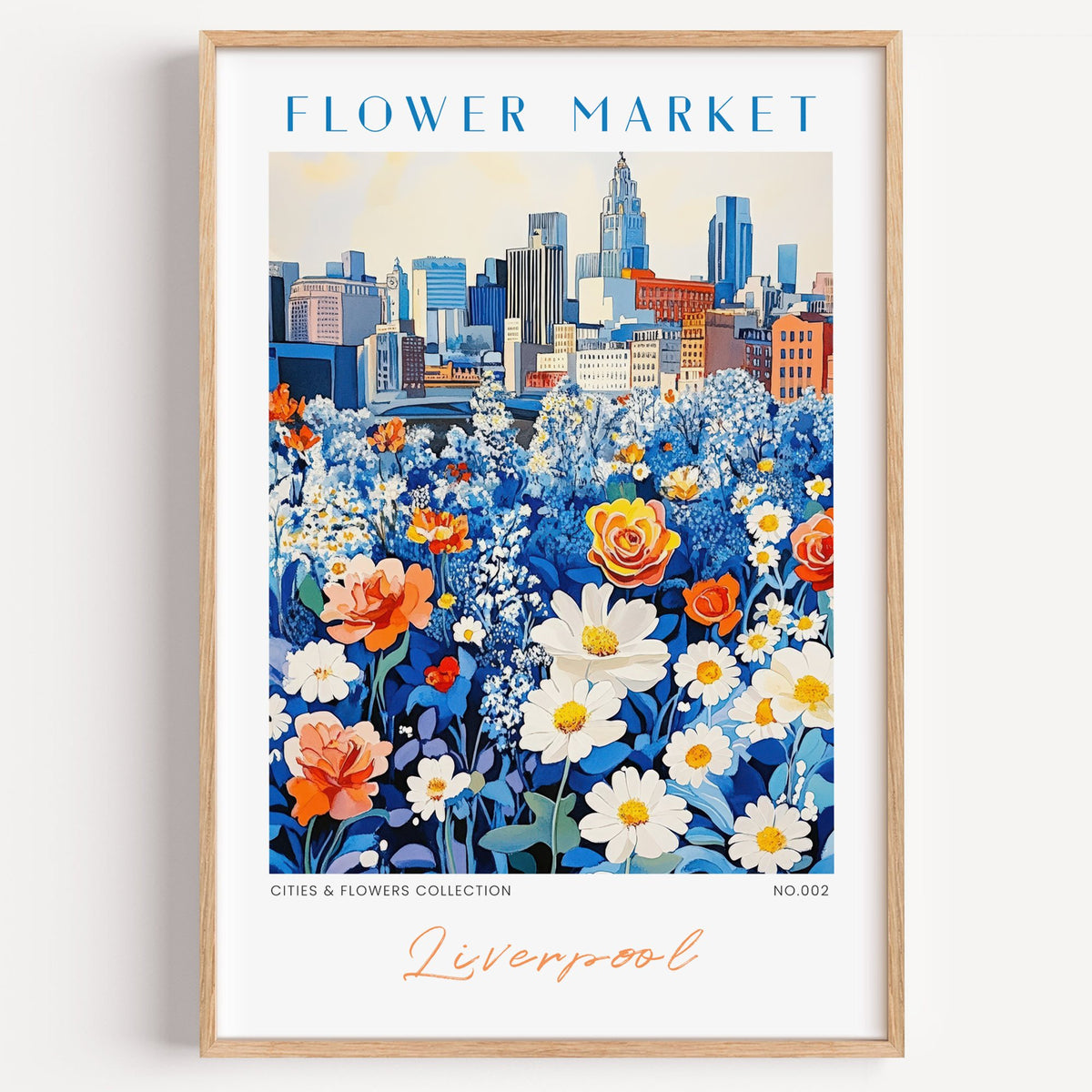 Liverpool flower market print in a light oak frame on a plain white wall