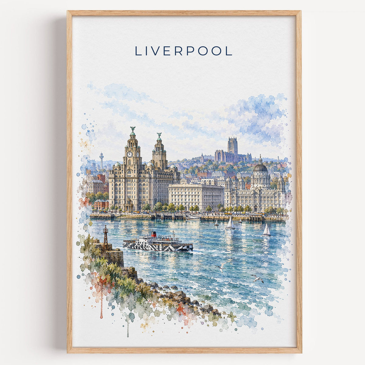 Liverpool watercolor print in a light oak frame on a plain white wall