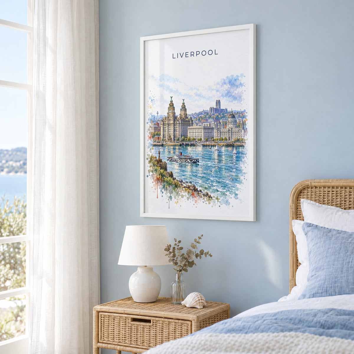 Liverpool watercolor print in a white frame on a pale blue wall beside a rattan bed in a coastal bedroom