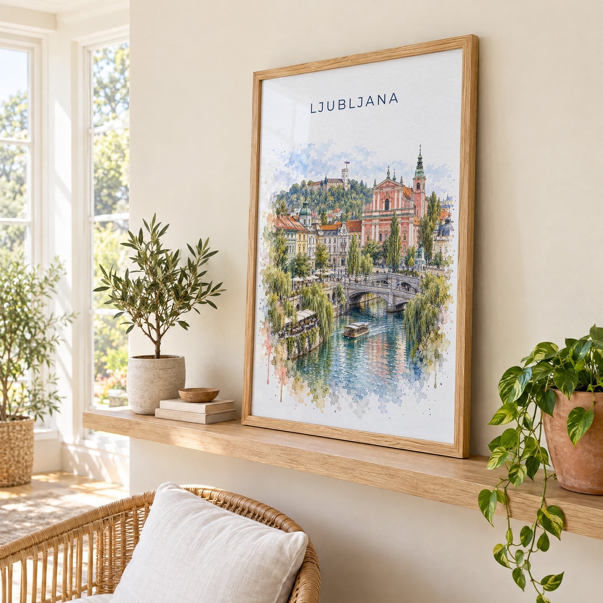 Ljubljana watercolor print in an oak frame on a picture ledge in a sunlit sunroom
