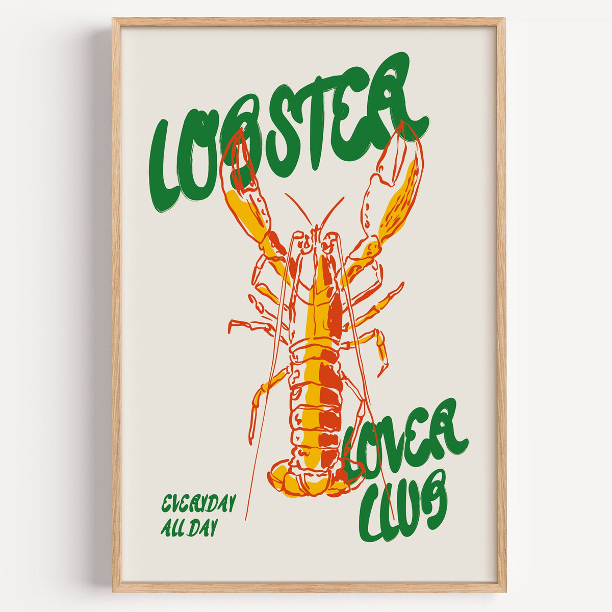 Lobster Lover Club poster in an oak frame on a plain white wall