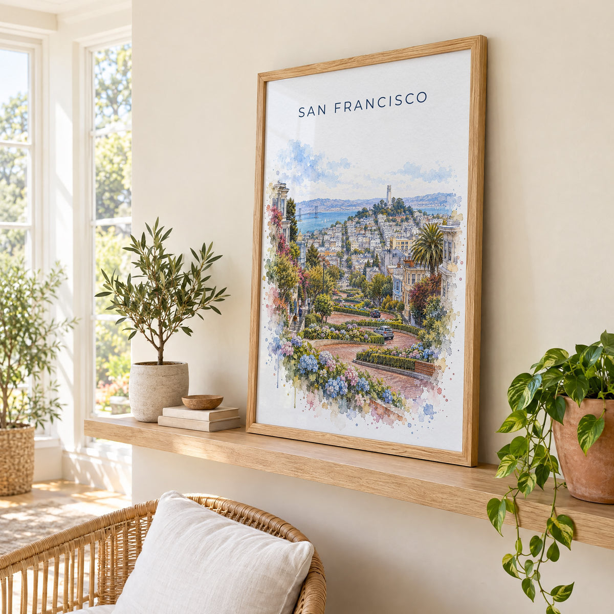 Lombard Street San Francisco watercolor print in an oak frame on a picture ledge in a sunlit sunroom