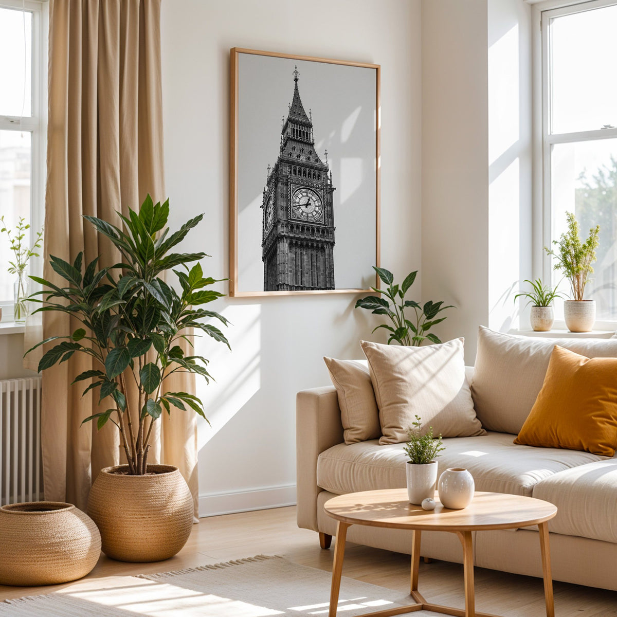 Big Ben clock tower low-angle photo print in an oak frame above a cream sofa beside woven planters