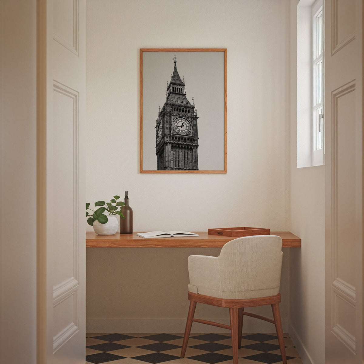 Big Ben clock tower low-angle photo print in an oak frame above a home office desk nook