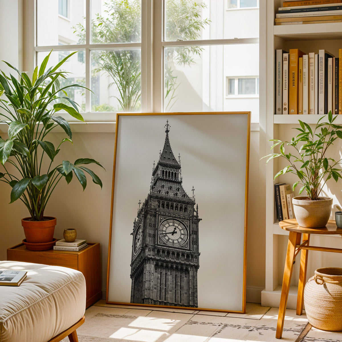 Big Ben clock tower low-angle photo print shown in a brass frame leaning on a sunlit living room floor