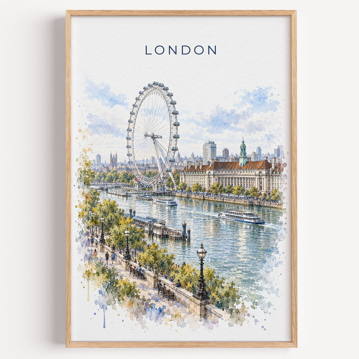 London Eye watercolor print in a light oak frame on a plain white wall