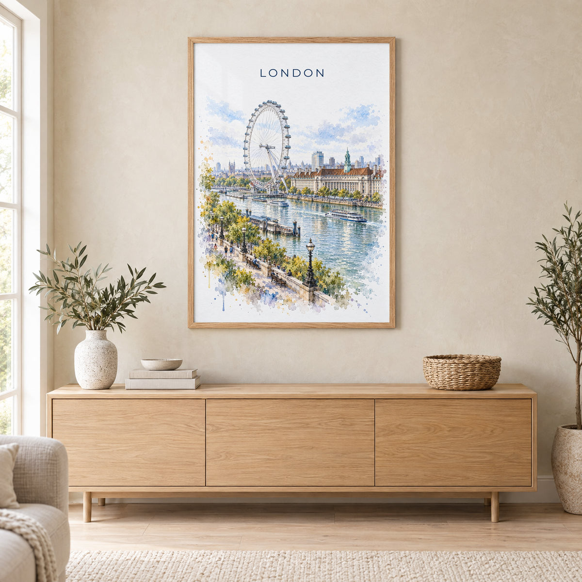 London Eye watercolor print in an oak frame above a light wood sideboard in a Scandinavian living room
