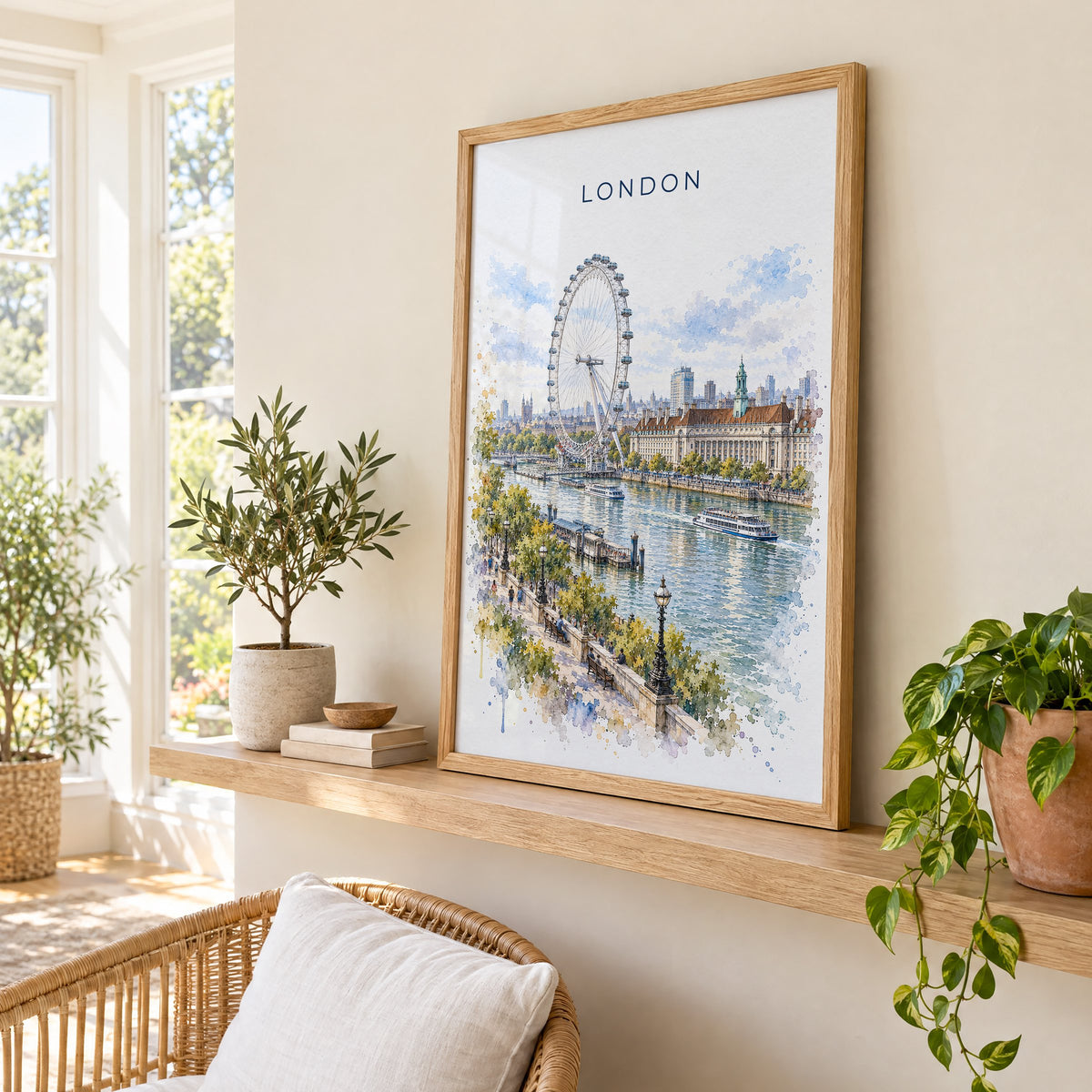 London Eye watercolor print in an oak frame on a picture ledge in a sunlit sunroom